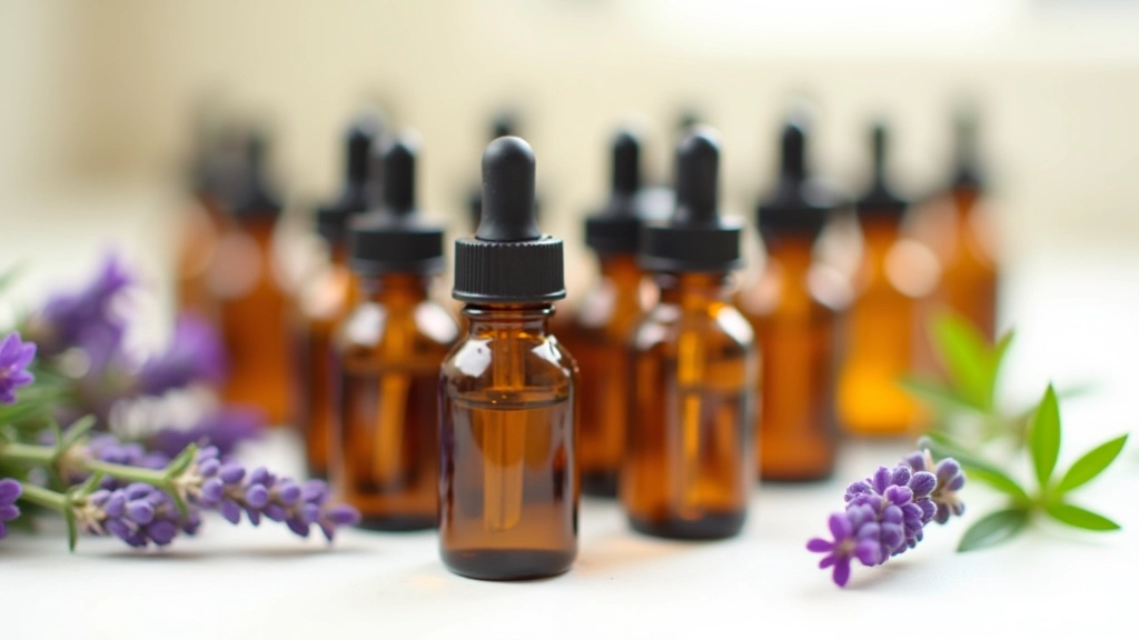 Array of essential oil bottles with different colored liquids arranged on a neutral surface with fresh herbs