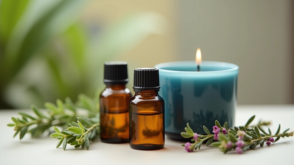 Assortment of essential oil bottles in amber and blue glass with fresh lavender sprigs arranged on a neutral cream surface