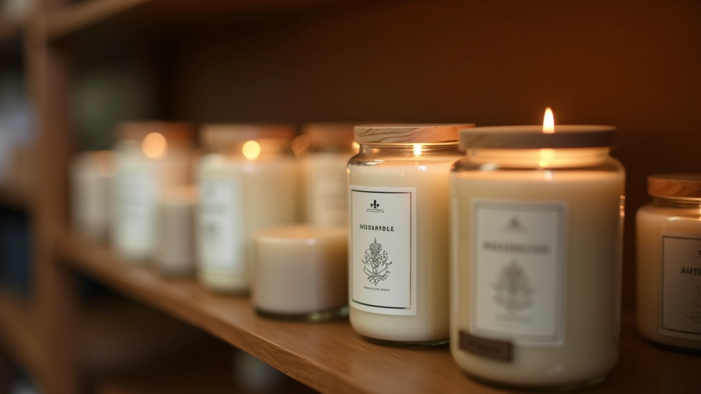 Finished handmade soy candles in glass containers with wooden wicks and custom kraft paper labels displayed on a wooden shelf