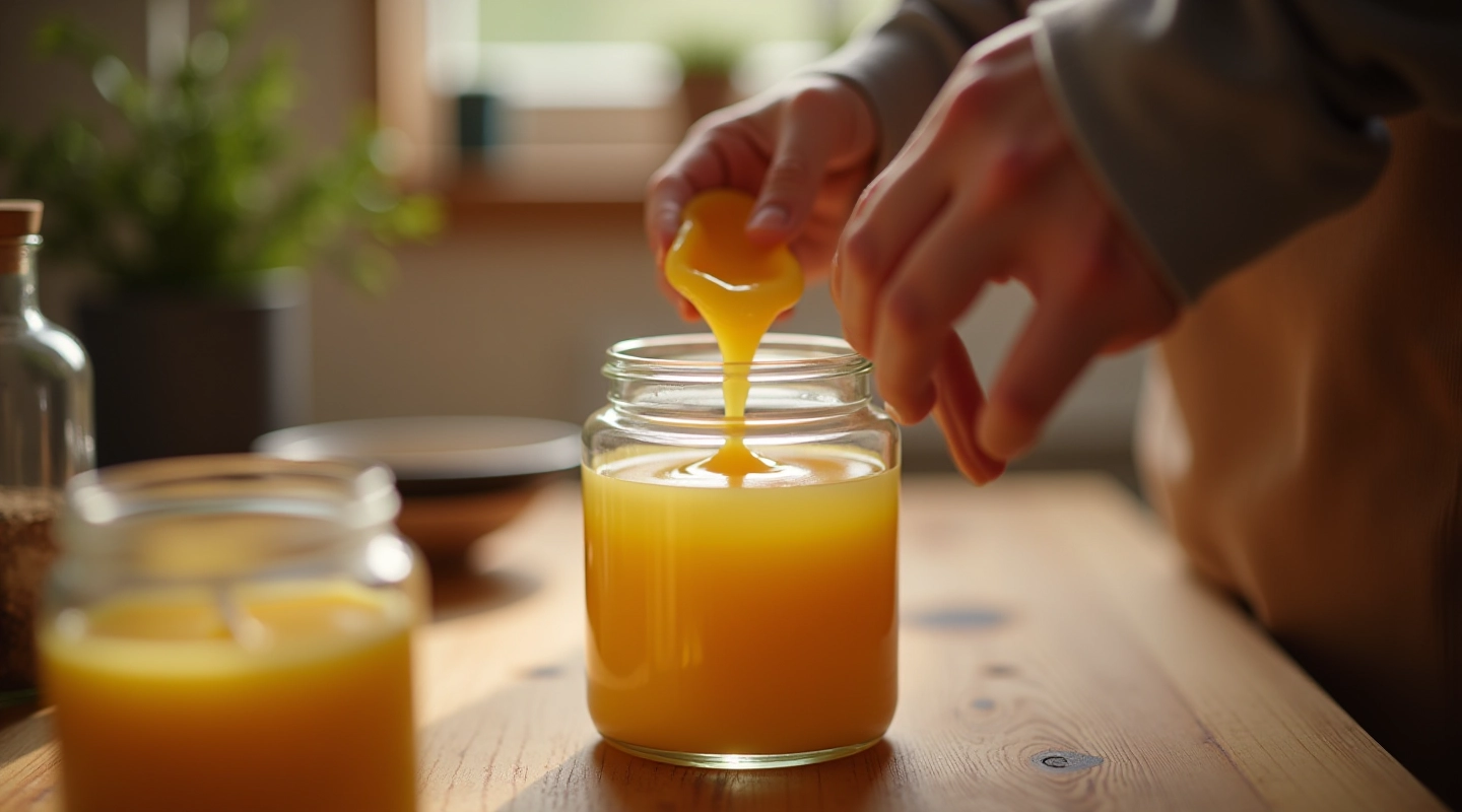 Hands pouring melted soy wax into a glass thalpoint container on a wooden work surface