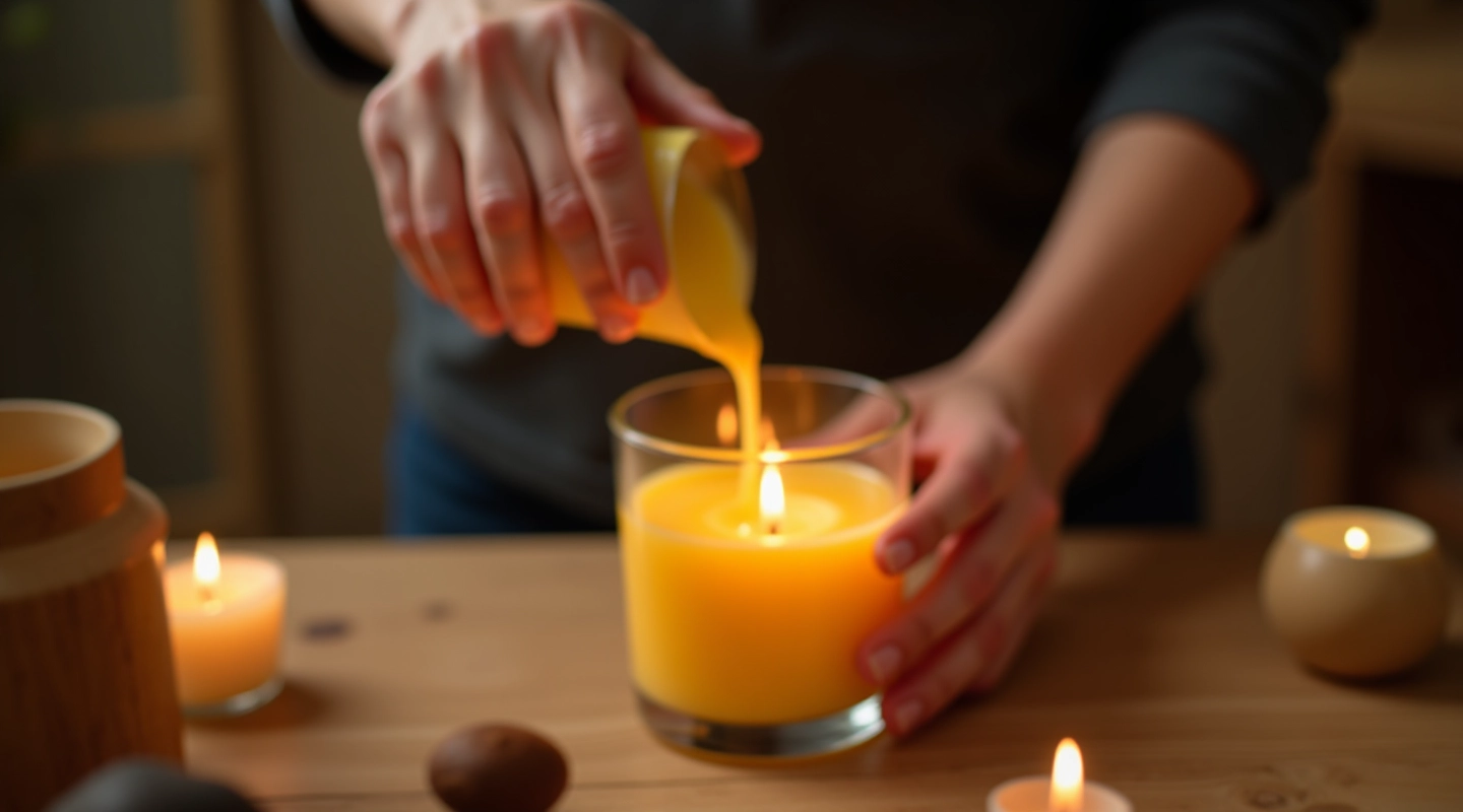 Close-up of melted soy wax being poured carefully into a clear glass thalpoint container on a wooden workbench