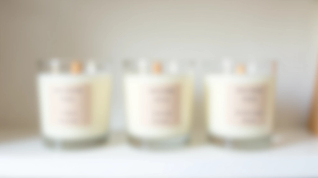 Finished handmade candles in glass containers with wooden wicks and custom labels on a shelf